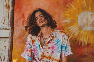 Modern Males fashion with a tie dye shirt and bohemian sunburst background capturing a retro lifestyle in a trendy fashion portrait photo