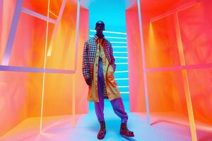 Males fashion in a neon geometric outfit showcasing a vibrant lifestyle with a dynamic background in a modern portrait photo