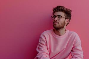 elegant Males fashion with a magenta pullover highlighting a refined lifestyle in a modern portrait with a matching background photo