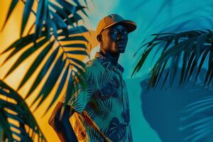 Tropical Blue Suit Contemporary Lifestyle portrait of Male Fashion Model with Stylish Background Fashion Forward photo