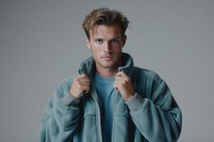 Cozy Male Fashion Model in Fleece Jacket Cloth Background and Comfortable Lifestyle Showcasing a Relaxed Touch in Males Fashion portrait photo