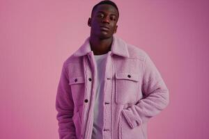 Fashionable Male Model in Soft Lavender Fleece Jacket Relaxed Lifestyle photography Cozy Males Fashion with a Soft and Trendy Look photo
