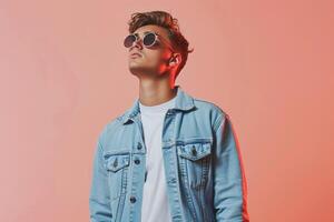 Handsome male in a light denim jacket soft peach background stylish portrait relaxed fashion contemporary style photo