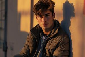 Handsome male model in zip up jacket contemporary style modern portrait photo