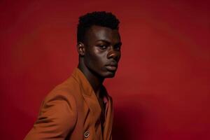Stylish male model in a maroon tailored jacket featured in a modern lifestyle portrait with a refined and sophisticated backdrop photo