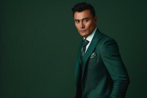 Upscale male fashion model in a luxurious emerald tailored suit with a pocket square captured in a sophisticated lifestyle portrait with a chic background photo