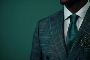 Stylish male fashion model in a luxurious emerald tailored suit with a pocket square showcased in a modern lifestyle portrait with a chic background photo