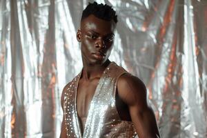 Glamorous male model in a sequined vest with sparkling silver cloth featured in a chic portrait emphasizing high fashion lifestyle photo
