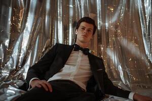 Sophisticated male fashion model in a glamorous tuxedo with shimmering silver apparel captured in a high fashion portrait with costume eleMalets photo