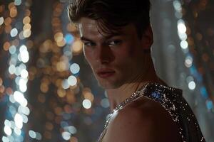 elegant male model in a sequined vest with sparkling silver background captured in a high fashion portrait with a luxurious lifestyle essence photo