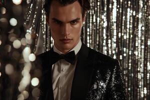 Stylish male fashion model in a sparkling tuxedo with silver sequins background featured in a high fashion portrait showcasing luxurious lifestyle eleMalets photo