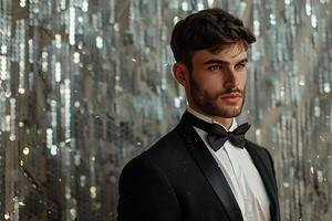 Stylish male fashion model in a sparkling tuxedo with silver sequins background featured in a high fashion portrait with a luxurious and costume appeal photo