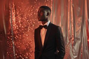 Chic male model in a sparkling tuxedo with silver sequins background presented in a high fashion portrait emphasizing a luxurious lifestyle photo