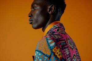 Dynamic male model in a patterned blazer against a tangerine backdrop featuring a vibrant fashion portrait and an energetic upscale lifestyle photo