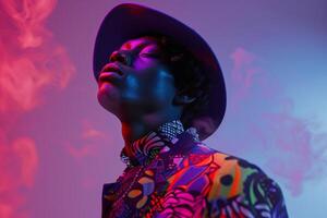 elegant male model in a costume ensemble with abstract prints and a soft lavender background showcasing a stylish portrait and a contemporary lifestyle photo