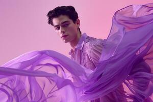 Trendy male model in a costume ensemble with abstract prints and a soft lavender background showcasing a high fashion portrait and a modern lifestyle photo
