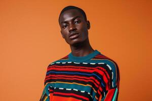 Modern male model in a stateMalet sweater with graphic print and a bright orange background featuring a chic portrait and a trendy lifestyle photo