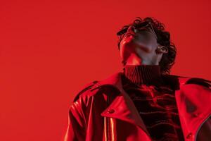 Stylish male model in a stateMalet jacket with a red background featuring a fashionable portrait and an energetic lifestyle photo