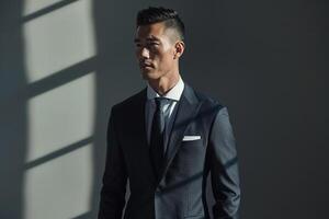 Timeless Ivory Traditional Tailored Suit on a fashionable male model captured in a lifestyle portrait highlighting classic sophistication and style photo