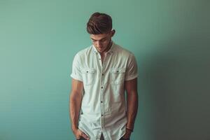 Casual Button Up in Soft Aqua on a fashionable male model set against a lifestyle background showcasing relaxed and modern Males fashion style photo