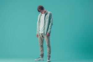 Soft Aqua Casual Button Up worn by a handsome male model featured in a lifestyle portrait focusing on modern and casual Males fashion style photo