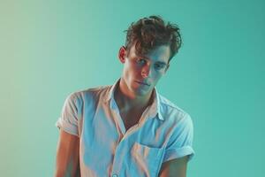 Fashionable Casual Button Up in Soft Aqua on a male model shown in a relaxed lifestyle background highlighting contemporary and comfortable Males fashion photo