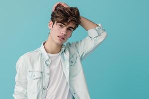 Fashion forward Soft Aqua Casual Button Up on a male model set against a lifestyle backdrop emphasizing modern and relaxed Males fashion choices photo