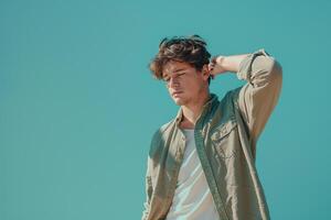 Stylish male model in Soft Aqua Casual Button Up captured in a relaxed lifestyle setting emphasizing contemporary and laid back Males fashion choices photo