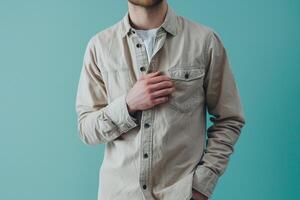 Casual Button Up in Soft Aqua on a trendy male model depicted in a lifestyle setting showcasing modern and relaxed Males fashion style photo