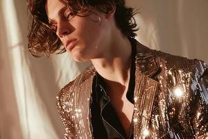 elegant male fashion model in Sequined Jacket with Rose Gold background showcasing a glamorous lifestyle portrait of high end Males attire photo
