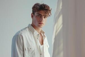 Trendy male fashion model in a casual button down shirt with a soft cream backdrop emphasizing modern Males portrait fashion and stylish lifestyle photo