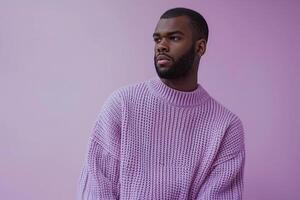 elegant Male in Soft Lavender Casual knit Sweater with Modern Lifestyle Background photo