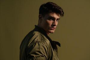 elegant Male Fashion Model in Trendy Bomber Jacket with Olive Green Background for Fashionable Look photo