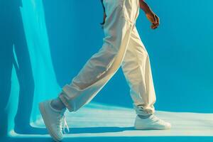Trendy male model in aqua blue pants with a coordinating background presenting a stylish portrait that highlights a contemporary and vibrant fashion sense photo