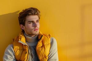 Modern male model in a trendy lemon yellow vest set against a matching background for a lively fashion portrait that showcases a vibrant contemporary look photo
