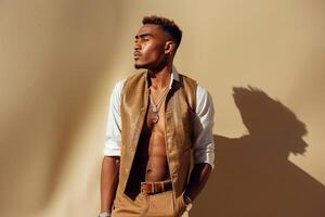 Trendy male model in a beige vest set against a compleMaletary background for a dynamic fashion portrait that emphasizes a modern stylish look photo