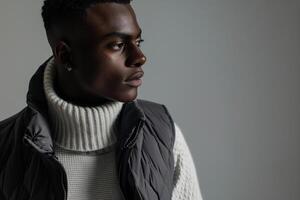 Handsome male model in a gray vest with a matching background for a sophisticated fashion portrait that blends modern style with timeless elegance photo