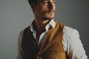 elegant male model in a gray vest featured with a matching backdrop for a sophisticated fashion portrait that combines modern trends with classic elegance photo