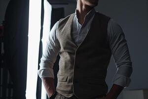 Stylish male model in a matte black vest posed with a dark backdrop for a sophisticated portrait that combines modern trends with classic elegance photo
