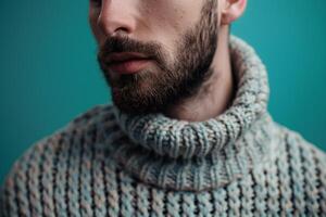 Fashionable male model in a trendy sweater with a turquoise blue backdrop featuring a chic portrait that emphasizes modern trends with a fresh stylish look photo