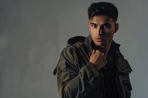 Chic male fashion model in a zip up jacket with a costume gray background stylish portrait highlighting modern Males outerwear and trendy apparel photo