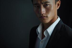 Stylish male model in a tailored blazer with a glossy black background modern portrait emphasizing refined and sophisticated Males fashion choices photo