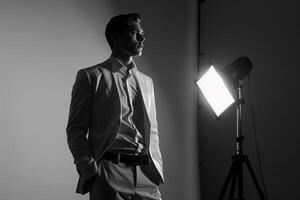 Trendy male fashion model in an istt suit with a monochrome gradient background chic portrait showcasing modern and elegant Males fashion photo