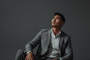 Trendy male model in a suit with a slate gray background contemporary portrait showcasing sophisticated and stylish Males fashion choices photo