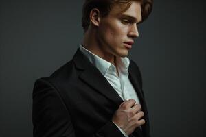 tailored suit with a smooth charcoal background elegant Males portrait showcasing modern and sophisticated fashion choices photo