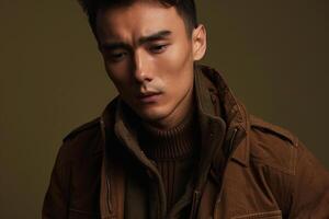 Fashionable male fashion model in a trendy jacket male dress male background witholive green emphasizinglifestyle Males and portrait fashion photo