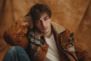 Vintage Jacket with Brown Sugar Background Lifestyle Fashion and portrait eleMalets Highlighted photo