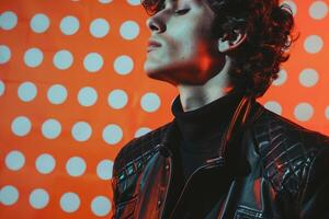 elegant Male Fashion Model in Vintage leather Jacket with Retro polka Dot Background Combining Lifestyle and Fashion portrait eleMalets photo