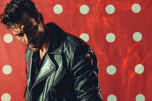 Vintage leather Jacket with Retro polka Dot Background Showcasing Fashion and portrait Style photo