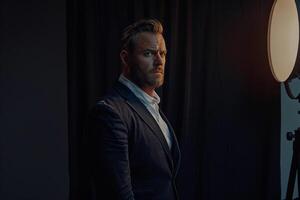 elegant Male Model in Vintage Blazer with Deep Navy Background Showcasing Fashion Forward Style and Lifestyle portraiture photo
